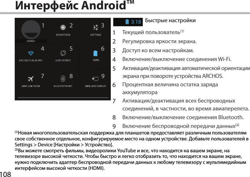 108124 67 9358Интерфейс AndroidTMБыстрые настройкиАктивация/деактивация входящих сообщений.1Текущий пользователь(1)2Регулировка яркости экрана.3Доступ ко всем настройкам.4Включение/выключение соединения Wi-Fi.5Активация/деактивация автоматической ориентации экрана при повороте устройства ARCHOS.6Процентная величина остатка заряда аккумулятора7Активация/деактивация всех беспроводных соединений, в частности, во время авиаперелета.8Включение/выключение соединения Bluetooth.9Включение беспроводной передачи данных(2)(1)Новая многопользовательская поддержка для планшетов предоставляет различным пользователям свое собственное отдельное, конфигурируемое место на одном устройстве. Добавьте пользователей в Settings &gt; Device [Настройки &gt; Устройство].(2)Вы можете смотреть фильмы, видеоролики YouTube и все, что находится на вашем экране, на телевизоре высокой четкости. Чтобы быстро и легко отобразить то, что находится на вашем экране, нужно подключить адаптер беспроводной передачи данных к любому телевизору с мультимедийным интерфейсом высокой четкости (HDMI).