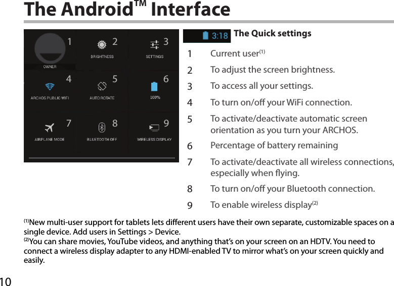 10124 67 9358The AndroidTM InterfaceThe Quick settings1Current user(1)2To adjust the screen brightness.3To access all your settings.4To turn on/o your WiFi connection.5To activate/deactivate automatic screen orientation as you turn your ARCHOS.6Percentage of battery remaining7To activate/deactivate all wireless connections, especially when ying.8To turn on/o your Bluetooth connection.9To enable wireless display(2)(1)New multi-user support for tablets lets different users have their own separate, customizable spaces on a single device. Add users in Settings &gt; Device.(2)You can share movies, YouTube videos, and anything that’s on your screen on an HDTV. You need to connect a wireless display adapter to any HDMI-enabled TV to mirror what’s on your screen quickly and easily. 