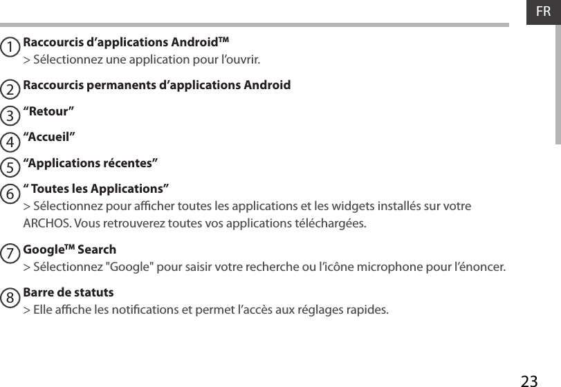 23FRRaccourcis d’applications AndroidTM  &gt; Sélectionnez une application pour l’ouvrir.Raccourcis permanents d’applications Android“Retour”“Accueil”“Applications récentes”“ Toutes les Applications” &gt; Sélectionnez pour acher toutes les applications et les widgets installés sur votre ARCHOS. Vous retrouverez toutes vos applications téléchargées.GoogleTM Search&gt; Sélectionnez &quot;Google&quot; pour saisir votre recherche ou l’icône microphone pour l’énoncer.Barre de statuts&gt; Elle ache les notications et permet l’accès aux réglages rapides.12345678