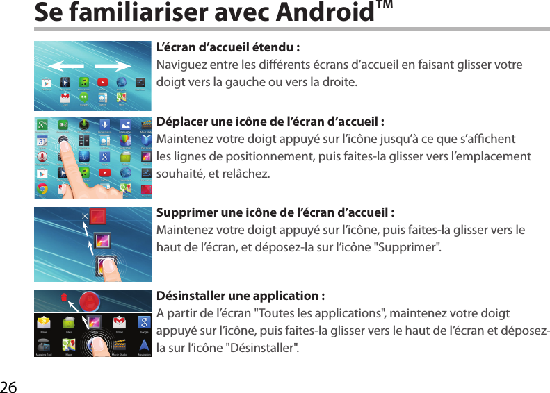 26Se familiariser avec AndroidTML’écran d’accueil étendu :Naviguez entre les diérents écrans d’accueil en faisant glisser votre doigt vers la gauche ou vers la droite.Déplacer une icône de l’écran d’accueil :Maintenez votre doigt appuyé sur l’icône jusqu’à ce que s’achent les lignes de positionnement, puis faites-la glisser vers l’emplacement souhaité, et relâchez.Supprimer une icône de l’écran d’accueil :Maintenez votre doigt appuyé sur l’icône, puis faites-la glisser vers le haut de l’écran, et déposez-la sur l’icône &quot;Supprimer&quot;.Désinstaller une application :A partir de l’écran &quot;Toutes les applications&quot;, maintenez votre doigt appuyé sur l’icône, puis faites-la glisser vers le haut de l’écran et déposez-la sur l’icône &quot;Désinstaller&quot;.