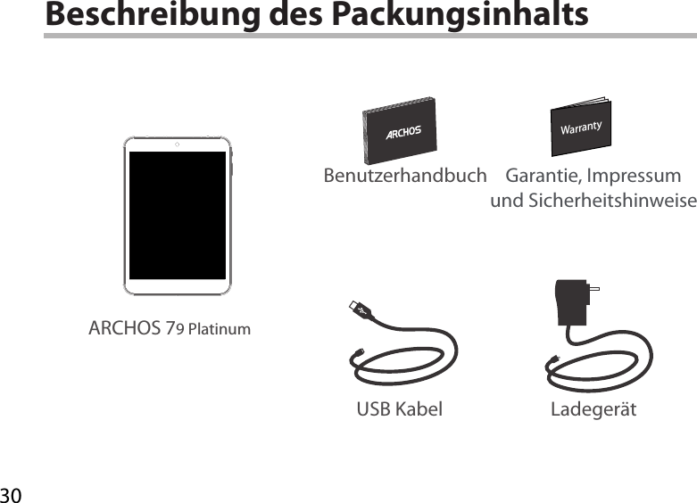 30WarrantyWarrantyBeschreibung des PackungsinhaltsLadegerät Benutzerhandbuch Garantie, Impressum und SicherheitshinweiseUSB KabelARCHOS 79 Platinum