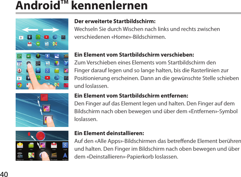 40AndroidTM kennenlernenDer erweiterte Startbildschirm:Wechseln Sie durch Wischen nach links und rechts zwischen verschiedenen «Home»-Bildschirmen.Ein Element vom Startbildschirm verschieben:Zum Verschieben eines Elements vom Startbildschirm den Finger darauf legen und so lange halten, bis die Rasterlinien zur Positionierung erscheinen. Dann an die gewünschte Stelle schieben und loslassen.Ein Element vom Startbildschirm entfernen:Den Finger auf das Element legen und halten. Den Finger auf dem Bildschirm nach oben bewegen und über dem «Entfernen»-Symbol loslassen.Ein Element deinstallieren:Auf den «Alle Apps»-Bildschirmen das betreende Element berühren und halten. Den Finger im Bildschirm nach oben bewegen und über dem «Deinstallieren»-Papierkorb loslassen. 