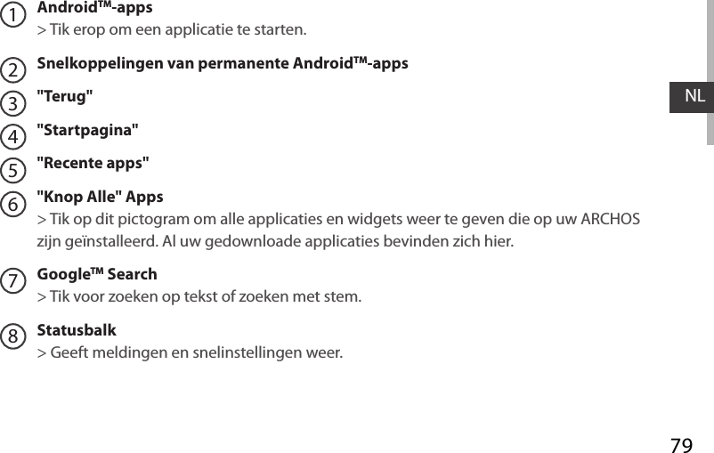 79NLAndroidTM-apps   &gt; Tik erop om een applicatie te starten.Snelkoppelingen van permanente AndroidTM-apps&quot;Terug&quot;&quot;Startpagina&quot;&quot;Recente apps&quot;&quot;Knop Alle&quot; Apps&gt; Tik op dit pictogram om alle applicaties en widgets weer te geven die op uw ARCHOS zijn geïnstalleerd. Al uw gedownloade applicaties bevinden zich hier. GoogleTM Search&gt; Tik voor zoeken op tekst of zoeken met stem.Statusbalk   &gt; Geeft meldingen en snelinstellingen weer.12345678