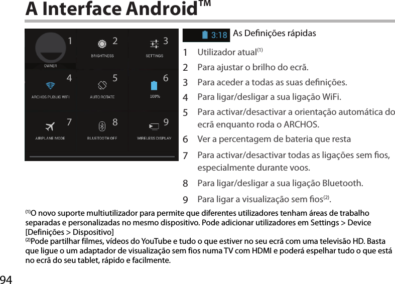 94124 67 9358A Interface AndroidTMAs Denições rápidas1Utilizador atual(1)2Para ajustar o brilho do ecrã.3Para aceder a todas as suas denições.4Para ligar/desligar a sua ligação WiFi.5Para activar/desactivar a orientação automática do ecrã enquanto roda o ARCHOS.6Ver a percentagem de bateria que resta7Para activar/desactivar todas as ligações sem os, especialmente durante voos.8Para ligar/desligar a sua ligação Bluetooth.9Para ligar a visualização sem os(2).(1)O novo suporte multiutilizador para permite que diferentes utilizadores tenham áreas de trabalho separadas e personalizadas no mesmo dispositivo. Pode adicionar utilizadores em Settings &gt; Device [Definições &gt; Dispositivo](2)Pode partilhar filmes, vídeos do YouTube e tudo o que estiver no seu ecrã com uma televisão HD. Basta que ligue o um adaptador de visualização sem fios numa TV com HDMI e poderá espelhar tudo o que está no ecrã do seu tablet, rápido e facilmente.