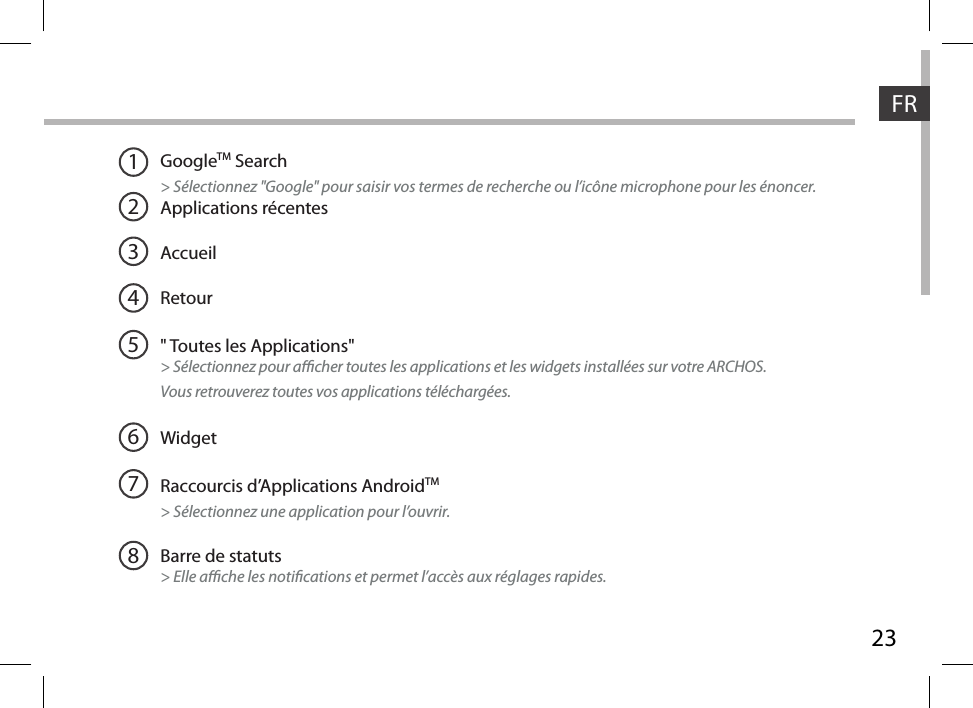 23FR12345678GoogleTM Search&gt; Sélectionnez &quot;Google&quot; pour saisir vos termes de recherche ou l’icône microphone pour les énoncer.Applications récentesAccueilRetour&quot; Toutes les Applications&quot; &gt; Sélectionnez pour acher toutes les applications et les widgets installées sur votre ARCHOS. Vous retrouverez toutes vos applications téléchargées.WidgetRaccourcis d’Applications AndroidTM  &gt; Sélectionnez une application pour l’ouvrir.Barre de statuts&gt; Elle ache les notications et permet l’accès aux réglages rapides.