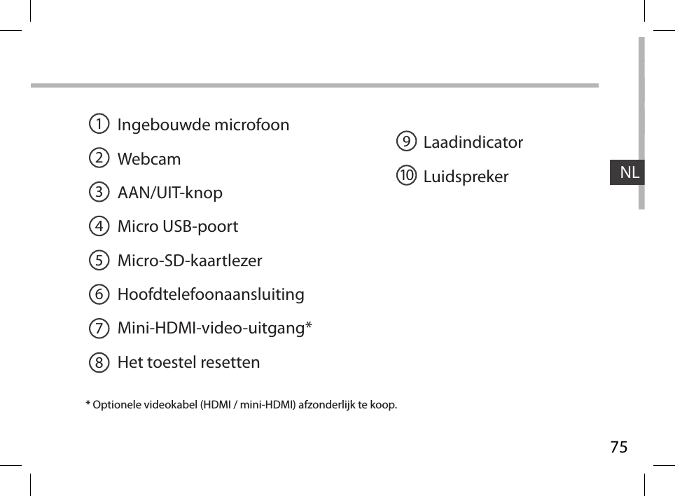 75NLIngebouwde microfoonWebcamAAN/UIT-knopMicro USB-poort Micro-SD-kaartlezerHoofdtelefoonaansluitingMini-HDMI-video-uitgang*Het toestel resettenLaadindicatorLuidspreker * Optionele videokabel (HDMI / mini-HDMI) afzonderlijk te koop.19210345678