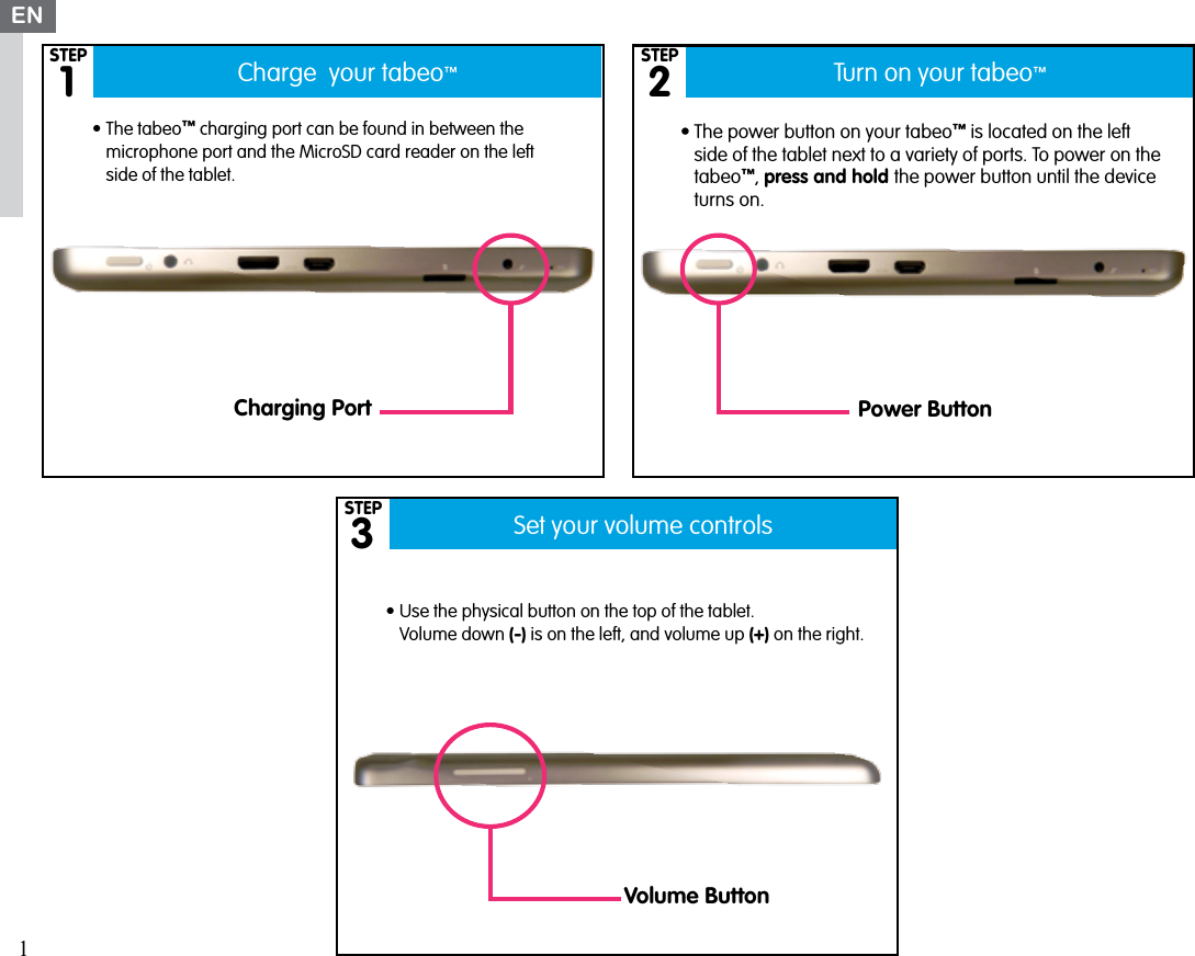 Charge  your tabeo™Set your volume controlsTurn on your tabeo™132•The power button on your tabeo™ is located on the left side of the tablet next to a variety of ports. To power on the tabeo™, press and hold the power button until the device turns on.•The tabeo™ charging port can be found in between the microphone port and the MicroSD card reader on the left side of the tablet.•Use the physical button on the top of the tablet.  Volume down (-) is on the left, and volume up (+) on the right.EN1Charging Port Power ButtonVolume ButtonSTEPSTEPSTEP