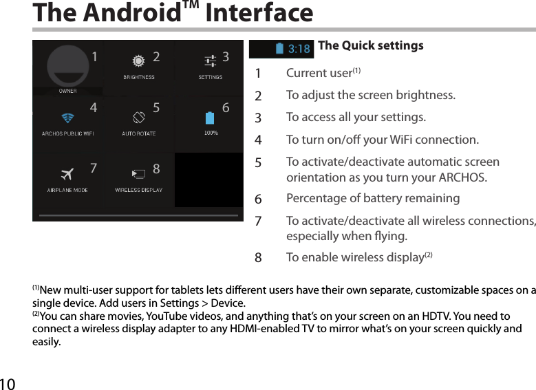 10124 67 93588The AndroidTM InterfaceThe Quick settings1Current user(1)2To adjust the screen brightness.3To access all your settings.4To turn on/o your WiFi connection.5To activate/deactivate automatic screen orientation as you turn your ARCHOS.6Percentage of battery remaining7To activate/deactivate all wireless connections, especially when ying.8To enable wireless display(2)(1)New multi-user support for tablets lets different users have their own separate, customizable spaces on a single device. Add users in Settings &gt; Device.(2)You can share movies, YouTube videos, and anything that’s on your screen on an HDTV. You need to connect a wireless display adapter to any HDMI-enabled TV to mirror what’s on your screen quickly and easily. 