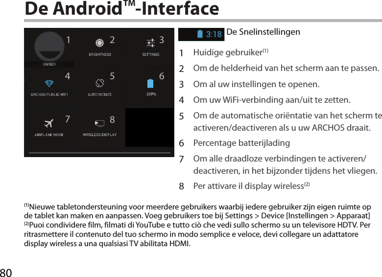 80124 67 93588De AndroidTM-InterfaceDe Snelinstellingen1Huidige gebruiker(1)2Om de helderheid van het scherm aan te passen.3Om al uw instellingen te openen.4Om uw WiFi-verbinding aan/uit te zetten.5Om de automatische oriëntatie van het scherm te activeren/deactiveren als u uw ARCHOS draait.6Percentage batterijlading7Om alle draadloze verbindingen te activeren/deactiveren, in het bijzonder tijdens het vliegen.8Per attivare il display wireless(2)(1)Nieuwe tabletondersteuning voor meerdere gebruikers waarbij iedere gebruiker zijn eigen ruimte op de tablet kan maken en aanpassen. Voeg gebruikers toe bij Settings &gt; Device [Instellingen &gt; Apparaat](2)Puoi condividere film, filmati di YouTube e tutto ciò che vedi sullo schermo su un televisore HDTV. Per ritrasmettere il contenuto del tuo schermo in modo semplice e veloce, devi collegare un adattatore display wireless a una qualsiasi TV abilitata HDMI.