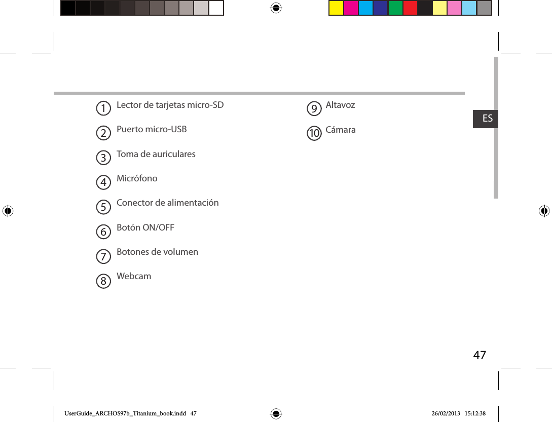 47ESLector de tarjetas micro-SDPuerto micro-USBToma de auricularesMicrófonoConector de alimentaciónBotón ON/OFFBotones de volumen WebcamAltavozCámara19210345678UserGuide_ARCHOS97b_Titanium_book.indd   47 26/02/2013   15:12:38