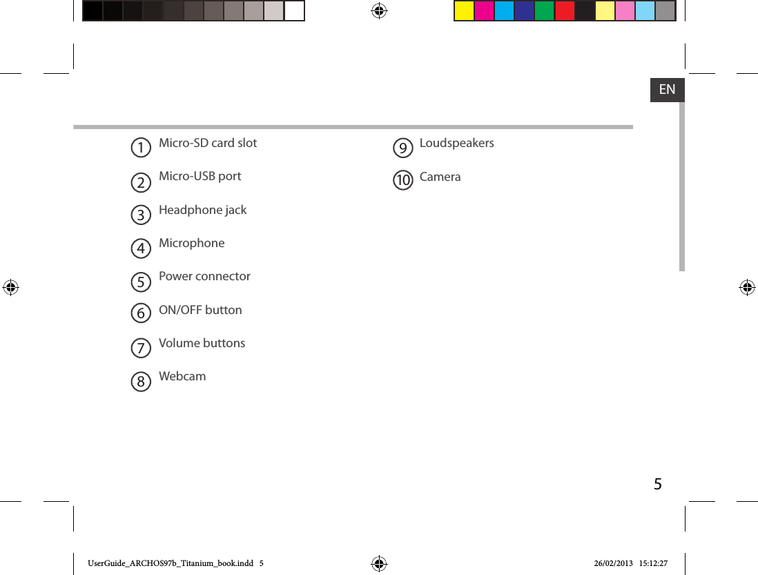 5ENMicro-SD card slotMicro-USB portHeadphone jackMicrophonePower connectorON/OFF buttonVolume buttonsWebcamLoudspeakersCamera19210345678UserGuide_ARCHOS97b_Titanium_book.indd   5 26/02/2013   15:12:27