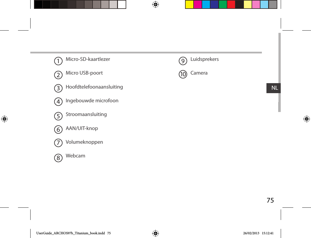 75NLMicro-SD-kaartlezerMicro USB-poortHoofdtelefoonaansluitingIngebouwde microfoonStroomaansluitingAAN/UIT-knopVolumeknoppenWebcamLuidsprekersCamera19210345678UserGuide_ARCHOS97b_Titanium_book.indd   75 26/02/2013   15:12:41