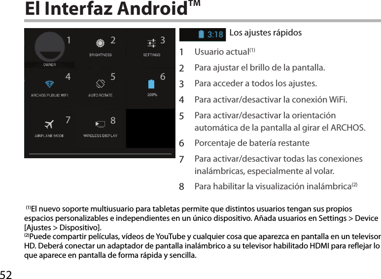 52124 67 93588El Interfaz AndroidTMLos ajustes rápidos1Usuario actual(1) 2Para ajustar el brillo de la pantalla.3Para acceder a todos los ajustes.4Para activar/desactivar la conexión WiFi.5Para activar/desactivar la orientación automática de la pantalla al girar el ARCHOS.6Porcentaje de batería restante7Para activar/desactivar todas las conexiones inalámbricas, especialmente al volar.8Para habilitar la visualización inalámbrica(2) (1)El nuevo soporte multiusuario para tabletas permite que distintos usuarios tengan sus propios espacios personalizables e independientes en un único dispositivo. Añada usuarios en Settings &gt; Device [Ajustes &gt; Dispositivo].(2)Puede compartir películas, vídeos de YouTube y cualquier cosa que aparezca en pantalla en un televisor HD. Deberá conectar un adaptador de pantalla inalámbrico a su televisor habilitado HDMI para reflejar lo que aparece en pantalla de forma rápida y sencilla.