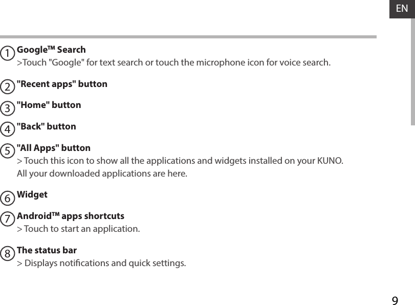 9EN12345678GoogleTM Search&gt;Touch &quot;Google&quot; for text search or touch the microphone icon for voice search. &quot;Recent apps&quot; button&quot;Home&quot; button &quot;Back&quot; button&quot;All Apps&quot; button&gt; Touch this icon to show all the applications and widgets installed on your KUNO. All your downloaded applications are here.WidgetAndroidTM apps shortcuts&gt; Touch to start an application.The status bar&gt; Displays notications and quick settings.