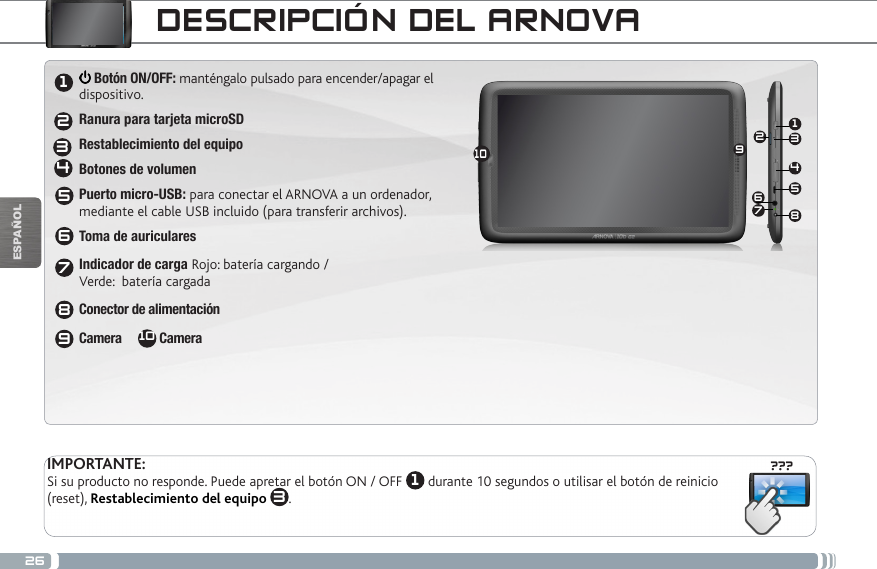 26???13465210789ESPAÑOLDESCRIPCIÓN DEL ARNOVA Botón ON/OFF: manténgalo pulsado para encender/apagar el  dispositivo. Ranura para tarjeta microSDRestablecimiento del equipo Botones de volumenPuerto micro-USB: para conectar el ARNOVA a un ordenador,  mediante el cable USB incluido (para transferir archivos). Toma de auricularesIndicador de carga Rojo: batería cargando /  Verde:  batería cargadaConector de alimentación       Camera     10 Camera     IMPORTANTE:Si su producto no responde. Puede apretar el botón ON / OFF  1 durante 10 segundos o utilisar el botón de reinicio (reset), Restablecimiento del equipo  3.123456789