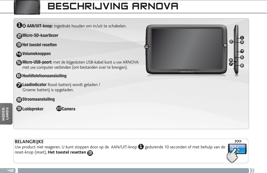 42???13465210789NEDER-LANDSBESCHRIJVING ARNOVA AAN/UIT-knop: ingedrukt houden om in/uit te schakelen.Micro-SD-kaartlezerHet toestel resettenVolumeknoppenMicro-USB-poort: met de bijgesloten USB-kabel kunt u uw ARNOVA  met uw computer verbinden (om bestanden over te brengen).HoofdtelefoonaansluitingLaadindicator Rood: batterij wordt geladen /  Groene: batterij is opgeladen.StroomaansluitingLuidspreker            10 Camera                   BELANGRIJKEUw product niet reageren. U kunt stoppen door op de  AAN/UIT-knop  1 gedurende 10 seconden of met behulp van de reset-knop (reset), Het toestel resetten  3.123456789