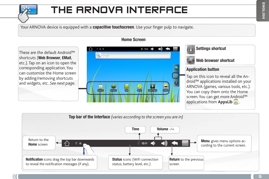 5▼▼▼▼▼▼ENGLISHTHE ARNOVA INTERFACETop bar of the Interface (varies according to the screen you are in)Return to the Home screenReturn to the previous screenMenu: gives menu options ac-cording to the current screen.Your ARNOVA device is equipped with a capacitive touchscreen. Use your finger pulp to navigate.Status icons: (WiFi connection status, battery level, etc.)Notification icons: drag the top bar downwards to reveal the notification messages (if any).These are the default Android™ shortcuts (Web Browser, EMail, etc.). Tap on an icon to open the corresponding  application. You can customize the Home screen by adding/removing shortcuts and widgets, etc. See next page.Home ScreenApplication buttonTap on this icon to reveal all the An-droid™ applications installed on your ARNOVA (games, various tools, etc.). You can copy them onto the Home screen. You can get more Android™ applications from AppsLib . Time Volume -/+  Settings shortcut  Web browser shortcut