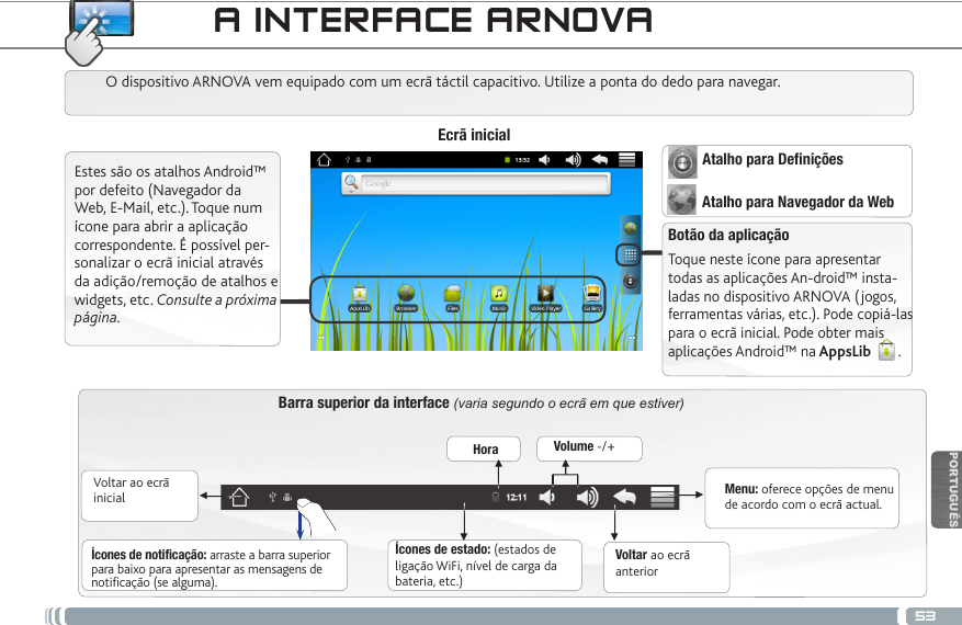 53▼▼▼▼▼▼PORTUGUÊSA INTERFACE ARNOVABarra superior da interface (varia segundo o ecrã em que estiver)Voltar ao ecrã inicialVoltar ao ecrã anterior  Menu: oferece opções de menu de acordo com o ecrã actual.O dispositivo ARNOVA vem equipado com um ecrã táctil capacitivo. Utilize a ponta do dedo para navegar.Ícones de estado: (estados de ligação WiFi, nível de carga da bateria, etc.)Ícones de notificação: arraste a barra superior para baixo para apresentar as mensagens de notificação (se alguma).Estes são os atalhos Android™ por defeito (Navegador da Web, E-Mail, etc.). Toque num ícone para abrir a aplicação correspondente. É possível per-sonalizar o ecrã inicial através da adição/remoção de atalhos e widgets, etc. Consulte a próxima página.Ecrã inicialBotão da aplicaçãoToque neste ícone para apresentar todas as aplicações An-droid™ insta-ladas no dispositivo ARNOVA (jogos, ferramentas várias, etc.). Pode copiá-las para o ecrã inicial. Pode obter mais aplicações Android™ na AppsLib  . Hora Volume -/+  Atalho para Definições   Atalho para Navegador da Web