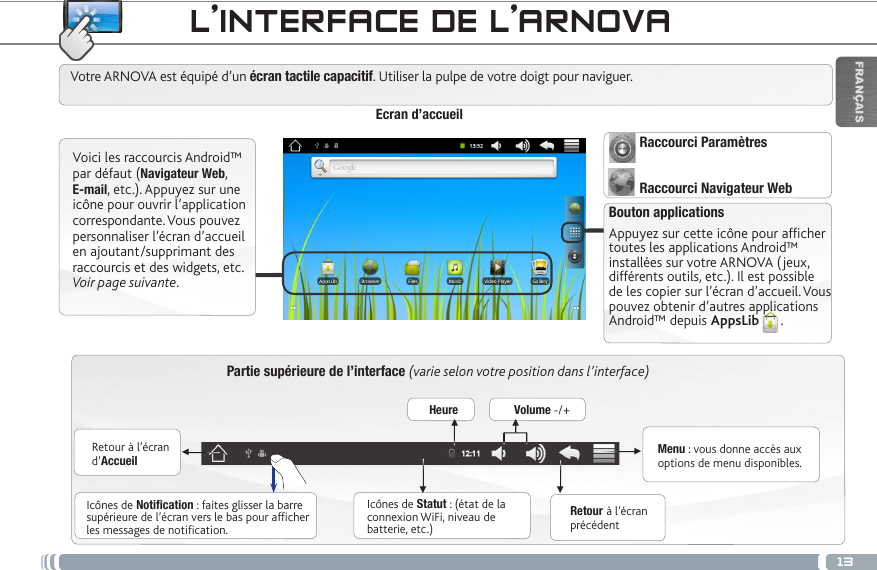 13▼▼▼▼▼▼FRANÇAISPartie supérieure de l’interface (varie selon votre position dans l’interface)Retour à l’écran d’AccueilRetour à l’écran précédentMenu : vous donne accès aux options de menu disponibles.Votre ARNOVA est équipé d’un écran tactile capacitif. Utiliser la pulpe de votre doigt pour naviguer.Icônes de Statut : (état de la connexion WiFi, niveau de batterie, etc.)Icônes de Notification : faites glisser la barre supérieure de l’écran vers le bas pour afficher les messages de notification.Ecran d’accueilVoici les raccourcis Android™ par défaut (Navigateur Web, E-mail, etc.). Appuyez sur une icône pour ouvrir l’application correspondante. Vous pouvez personnaliser l’écran d’accueil en ajoutant/supprimant des raccourcis et des widgets, etc. Voir page suivante.Bouton applicationsAppuyez sur cette icône pour afficher toutes les applications Android™ installées sur votre ARNOVA (jeux, différents outils, etc.). Il est possible de les copier sur l’écran d’accueil. Vous pouvez obtenir d’autres applications Android™ depuis AppsLib . Heure Volume -/+Raccourci ParamètresRaccourci Navigateur WebL’INTERFACE DE L’ARNOVA