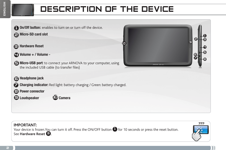 2???13465210789ENGLISHDESCRIPTION OF THE DEVICEOn/Off button: enables to turn on or turn off the device. Micro-SD card slot   Hardware Reset   Volume + / Volume -  Micro-USB port: to connect your ARNOVA to your computer, using  the included USB cable (to transfer files) Headphone jackCharging indicator: Red light: battery charging / Green: battery charged. Power connector                     Loudspeaker                      CameraIMPORTANT:  Your device is frozen.You can turn it off. Press the ON/OFF button  1 for 10 seconds or press the reset button. See Hardware Reset  3. 12345678109