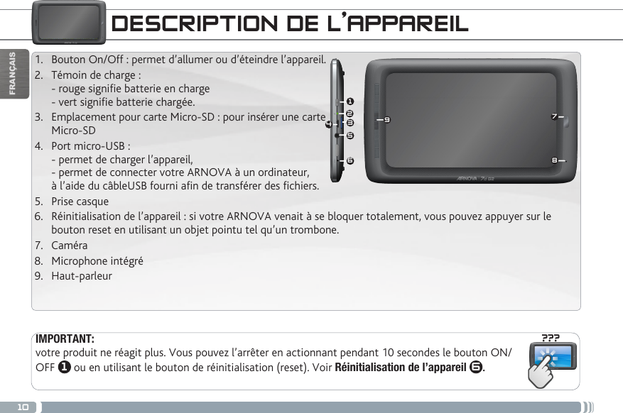 10???987153642FRANÇAISDESCRIPTION DE L’APPAREILIMPORTANT:votre produit ne réagit plus. Vous pouvez l’arrêter en actionnant pendant 10 secondes le bouton ON/OFF  1 ou en utilisant le bouton de réinitialisation (reset). Voir Réinitialisation de l’appareil 6.1.  Bouton On/Off : permet d’allumer ou d’éteindre l’appareil. 2.  Témoin de charge : - rouge signie batterie en charge  - vert signie batterie chargée.3.  Emplacement pour carte Micro-SD : pour insérer une carte  Micro-SD4.  Port micro-USB :  - permet de charger l’appareil, - permet de connecter votre ARNOVA à un ordinateur,  à l’aide du câbleUSB fourni afin de transférer des fichiers.5.  Prise casque6.  Réinitialisation de l’appareil : si votre ARNOVA venait à se bloquer totalement, vous pouvez appuyer sur le bouton reset en utilisant un objet pointu tel qu’un trombone. 7.  Caméra8.  Microphone intégré9.  Haut-parleur