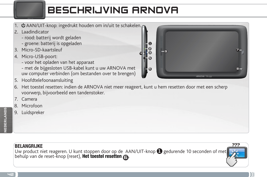 42???987153642NEDERLANDSBESCHRIJVING ARNOVABELANGRIJKEUw product niet reageren. U kunt stoppen door op de  AAN/UIT-knop  1 gedurende 10 seconden of met behulp van de reset-knop (reset), Het toestel resetten 6.1.   AAN/UIT-knop: ingedrukt houden om in/uit te schakelen.2.  Laadindicator  - rood: batterij wordt geladen  - groene: batterij is opgeladen3.  Micro-SD-kaartsleuf4.  Micro-USB-poort:  - voor het opladen van het apparaat  - met de bijgesloten USB-kabel kunt u uw ARNOVA met  uw computer verbinden (om bestanden over te brengen) 5.  Hoofdtelefoonaansluiting 6.  Het toestel resetten: indien de ARNOVA niet meer reageert, kunt u hem resetten door met een scherp voorwerp, bijvoorbeeld een tandenstoker.7.  Camera 8.  Microfoon     9.  Luidspreker