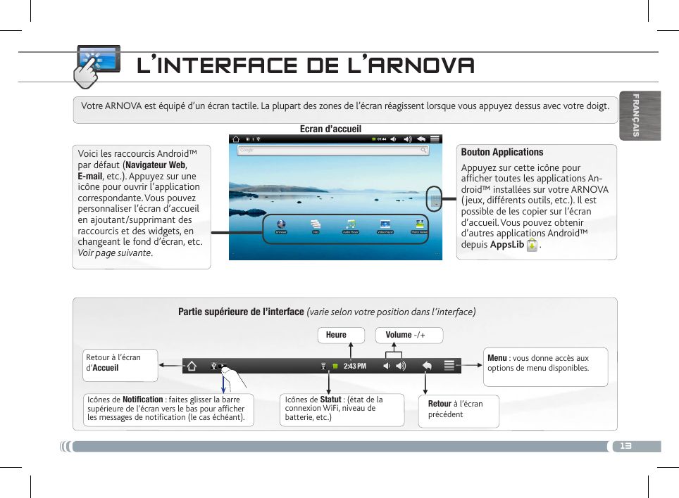 13▼▼ ▼▼▼▼FrançaisL’iNtERfacE DE L’aRNovaPartie supérieure de l’interface (varie selon votre position dans l’interface)Retour à l’écran d’AccueilRetour à l’écran précédentMenu : vous donne accès aux options de menu disponibles.Votre ARNOVA est équipé d’un écran tactile. La plupart des zones de l’écran réagissent lorsque vous appuyez dessus avec votre doigt.Icônes de Statut : (état de la connexion WiFi, niveau de batterie, etc.)Icônes de Notification : faites glisser la barre supérieure de l’écran vers le bas pour afficher les messages de notification (le cas échéant).Ecran d’accueilVoici les raccourcis Android™ par défaut (Navigateur Web, E-mail, etc.). Appuyez sur une icône pour ouvrir l’application correspondante. Vous pouvez personnaliser l’écran d’accueil en ajoutant/supprimant des raccourcis et des widgets, en changeant le fond d’écran, etc. Voir page suivante.Bouton ApplicationsAppuyez sur cette icône pour afficher toutes les applications An-droid™ installées sur votre ARNOVA (jeux, différents outils, etc.). Il est possible de les copier sur l’écran d’accueil. Vous pouvez obtenir d’autres applications Android™ depuis AppsLib . Heure Volume -/+