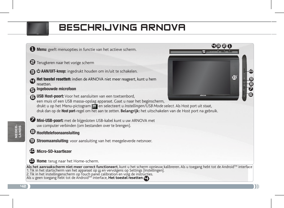 4211123453542176810967891011nEDEr-lanDsBEscHRijviNg aRNovaMenu: geeft menuopties in functie van het actieve scherm. Terugkeren naar het vorige scherm AAN/UIT-knop: ingedrukt houden om in/uit te schakelen.Het toestel resetten: indien de ARNOVA niet meer reageert, kunt u hem  resetten.  Ingebouwde microfoonUSB Host-poort: Voor het aansluiten van een toetsenbord,  een muis of een USB massa-opslag apparaat. Gaat u naar het beginscherm,  drukt u op het Menu-pictogram   en selecteert u Instellingen/USB Mode select. Als Host port uit staat, druk dan op de Host port-regel om het aan te zetten. Belangrijk: het uitschakelen van de Host port na gebruik.  Mini-USB-poort: met de bijgesloten USB-kabel kunt u uw ARNOVA met  uw computer verbinden (om bestanden over te brengen).HoofdtelefoonaansluitingStroomaansluiting: voor aansluiting van het meegeleverde netsnoer.  Micro-SD-kaartlezer  Home: terug naar het Home-scherm. Als het aanraakscherm niet meer correct functioneert, kunt u het scherm opnieuw kalibreren. Als u toegang hebt tot de AndroidTM interface1. Tik in het startscherm van het apparaat op   en vervolgens op Settings [Instellingen].2. Tik in het instellingenscherm op Touch panel calibration en volg de instructies.Als u geen toegang hebt tot de AndroidTM interface, Het toestel resetten  4.