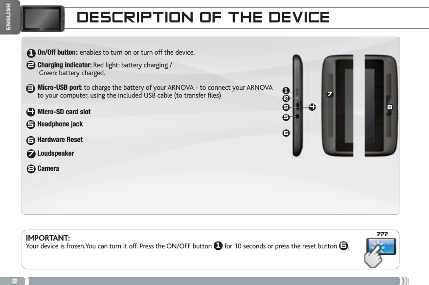 2???168632547ENGLISHDESCRIPTION OF THE DEVICEOn/Off button:enables to turn on or turn off the device.Charging indicator: Red light: battery charging / Green: battery charged. Micro-USB port: to charge the battery of your ARNOVA - to connect your ARNOVA to your computer, using the included USB cable (to transfer files)Micro-SD card slotHeadphone jackHardware ResetLoudspeakerCamera12345678IMPORTANT: Your device is frozen.You can turn it off. Press the ON/OFF button  1 for 10 seconds or press the reset button  6.