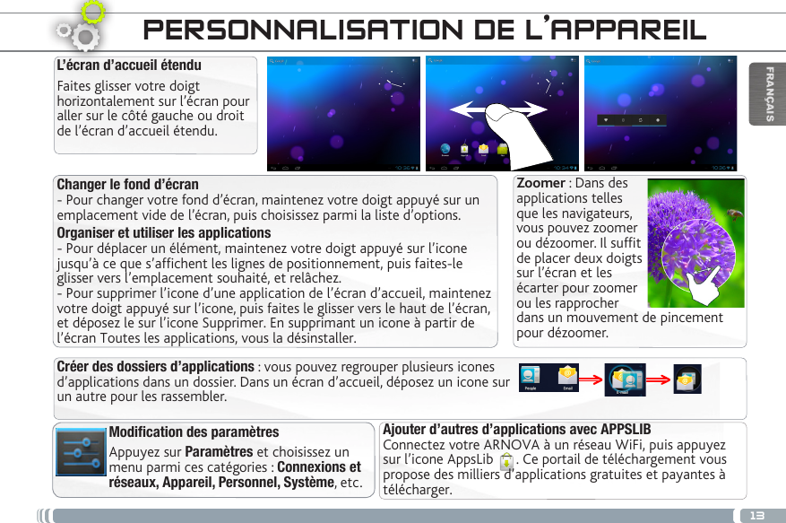 13FRANÇAISPERSONNALISATION DE L’APPAREILChanger le fond d’écran- Pour changer votre fond d’écran, maintenez votre doigt appuyé sur un emplacement vide de l’écran, puis choisissez parmi la liste d’options. Organiser et utiliser les applications- Pour déplacer un élément, maintenez votre doigt appuyé sur l’icone jusqu’à ce que s’afchent les lignes de positionnement, puis faites-le glisser vers l’emplacement souhaité, et relâchez. - Pour supprimer l’icone d’une application de l’écran d’accueil, maintenez votre doigt appuyé sur l’icone, puis faites le glisser vers le haut de l’écran, et déposez le sur l’icone Supprimer. En supprimant un icone à partir de l’écran Toutes les applications, vous la désinstaller.Modification des paramètresAppuyez sur Paramètres et choisissez un menu parmi ces catégories : Connexions et réseaux, Appareil, Personnel, Système, etc. L’écran d’accueil étenduFaites glisser votre doigt horizontalement sur l’écran pour aller sur le côté gauche ou droit de l’écran d’accueil étendu. Ajouter d’autres d’applications avec APPSLIB  Connectez votre ARNOVA à un réseau WiFi, puis appuyez sur l’icone AppsLib  . Ce portail de téléchargement vous propose des milliers d’applications gratuites et payantes à télécharger.Zoomer : Dans des applications telles que les navigateurs, vous pouvez zoomer ou dézoomer. Il suft de placer deux doigts sur l’écran et les écarter pour zoomer ou les rapprocher dans un mouvement de pincement pour dézoomer.Créer des dossiers d’applications : vous pouvez regrouper plusieurs icones d’applications dans un dossier. Dans un écran d’accueil, déposez un icone sur un autre pour les rassembler.