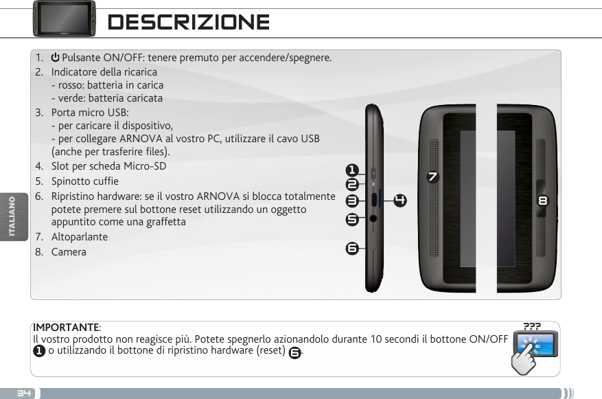 34???18632547ITALIANODESCRIZIONE1.   Pulsante ON/OFF: tenere premuto per accendere/spegnere.2.  Indicatore della ricarica  - rosso: batteria in carica  - verde: batteria caricata3.  Porta micro USB:  - per caricare il dispositivo, - per collegare ARNOVA al vostro PC, utilizzare il cavo USB  (anche per trasferire files).4.  Slot per scheda Micro-SD5.  Spinotto cuffie6.  Ripristino hardware: se il vostro ARNOVA si blocca totalmente potete premere sul bottone reset utilizzando un oggetto appuntito come una graffetta7.  Altoparlante  8.  CameraIMPORTANTE:Il vostro prodotto non reagisce più. Potete spegnerlo azionandolo durante 10 secondi il bottone ON/OFF 1 o utilizzando il bottone di ripristino hardware (reset)  6.