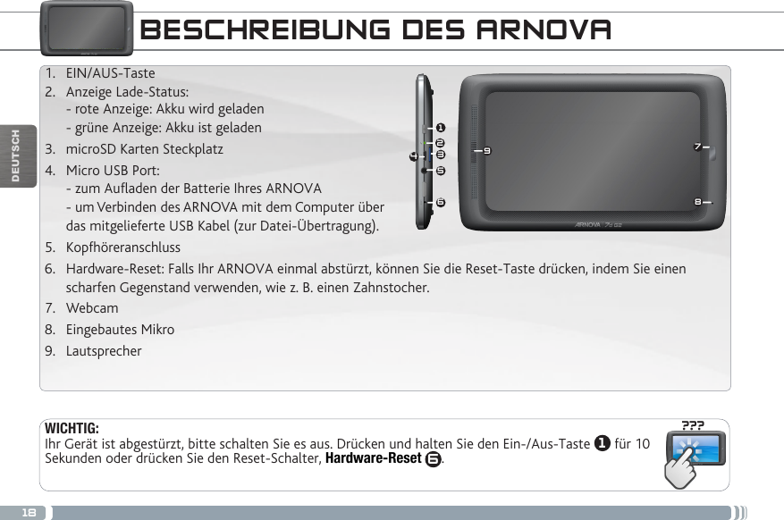 18???987153642DEUTSCHBESCHREIBUNG DES ARNOVAWICHTIG:Ihr Gerät ist abgestürzt, bitte schalten Sie es aus. Drücken und halten Sie den Ein-/Aus-Taste  1 für 10 Sekunden oder drücken Sie den Reset-Schalter, Hardware-Reset  6.1.  EIN/AUS-Taste2.  Anzeige Lade-Status:  - rote Anzeige: Akku wird geladen  - grüne Anzeige: Akku ist geladen3.  microSD Karten Steckplatz4.  Micro USB Port:  - zum Aufladen der Batterie Ihres ARNOVA - um Verbinden des ARNOVA mit dem Computer über  das mitgelieferte USB Kabel (zur Datei-Übertragung).5.  Kopfhöreranschluss6.  Hardware-Reset: Falls Ihr ARNOVA einmal abstürzt, können Sie die Reset-Taste drücken, indem Sie einen scharfen Gegenstand verwenden, wie z. B. einen Zahnstocher.7.  Webcam8.  Eingebautes Mikro9.  Lautsprecher  