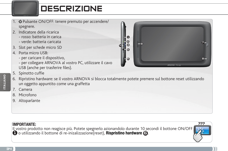 34???987153642ITALIANODESCRIZIONEIMPORTANTE:Il vostro prodotto non reagisce più. Potete spegnerlo azionandolo durante 10 secondi il bottone ON/OFF 1 o utilizzando il bottone di re-inizalizzazione(reset), Rispristino hardware  6.1.   Pulsante ON/OFF: tenere premuto per accendere/ spegnere.2.  Indicatore della ricarica - rosso: batteria in carica  - verde: batteria caricata3.  Slot per schede micro SD4.  Porta micro USB:  - per caricare il dispositivo, - per collegare ARNOVA al vostro PC, utilizzare il cavo  USB (anche per trasferire files).5.  Spinotto cuffie6.  Ripristino hardware: se il vostro ARNOVA si blocca totalmente potete premere sul bottone reset utilizzando un oggetto appuntito come una graffetta7.  Camera8.  Microfono9.  Altoparlante