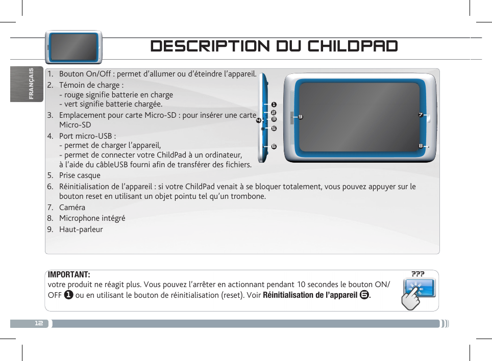 12???987156423FRANÇAISSE CONNECTER À UN RÉSEAU WIFIDESCRIPTION DU CHILDPADIMPORTANT:votre produit ne réagit plus. Vous pouvez l’arrêter en actionnant pendant 10 secondes le bouton ON/OFF  1 ou en utilisant le bouton de réinitialisation (reset). Voir Réinitialisation de l’appareil 6.1.  Bouton On/Off : permet d’allumer ou d’éteindre l’appareil. 2.  Témoin de charge : - rouge signie batterie en charge  - vert signie batterie chargée.3.  Emplacement pour carte Micro-SD : pour insérer une carte  Micro-SD4.  Port micro-USB :  - permet de charger l’appareil, - permet de connecter votre ChildPad à un ordinateur,  à l’aide du câbleUSB fourni afin de transférer des fichiers.5.  Prise casque6.  Réinitialisation de l’appareil : si votre ChildPad venait à se bloquer totalement, vous pouvez appuyer sur le bouton reset en utilisant un objet pointu tel qu’un trombone. 7.  Caméra8.  Microphone intégré9.  Haut-parleur