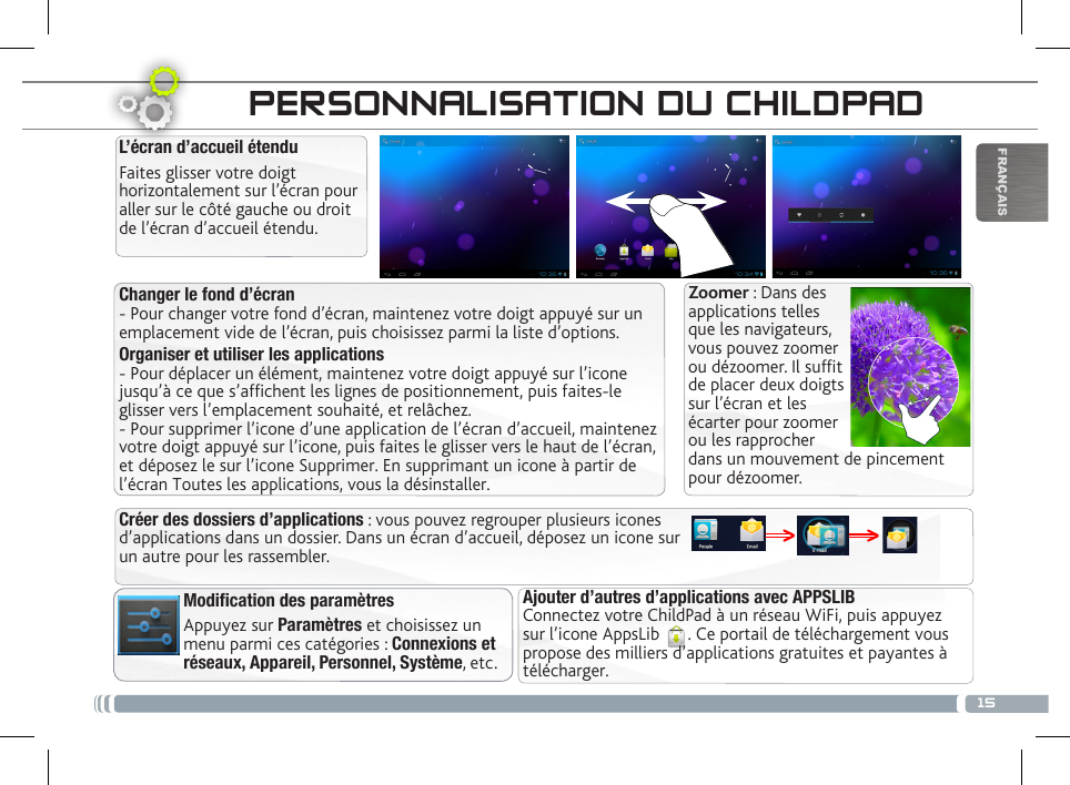 15FRANÇAISPERSONNALISATION DU CHILDPADChanger le fond d’écran- Pour changer votre fond d’écran, maintenez votre doigt appuyé sur un emplacement vide de l’écran, puis choisissez parmi la liste d’options. Organiser et utiliser les applications- Pour déplacer un élément, maintenez votre doigt appuyé sur l’icone jusqu’à ce que s’afchent les lignes de positionnement, puis faites-le glisser vers l’emplacement souhaité, et relâchez. - Pour supprimer l’icone d’une application de l’écran d’accueil, maintenez votre doigt appuyé sur l’icone, puis faites le glisser vers le haut de l’écran, et déposez le sur l’icone Supprimer. En supprimant un icone à partir de l’écran Toutes les applications, vous la désinstaller.Modification des paramètresAppuyez sur Paramètres et choisissez un menu parmi ces catégories : Connexions et réseaux, Appareil, Personnel, Système, etc. L’écran d’accueil étenduFaites glisser votre doigt horizontalement sur l’écran pour aller sur le côté gauche ou droit de l’écran d’accueil étendu. Ajouter d’autres d’applications avec APPSLIB  Connectez votre ChildPad à un réseau WiFi, puis appuyez sur l’icone AppsLib  . Ce portail de téléchargement vous propose des milliers d’applications gratuites et payantes à télécharger.Créer des dossiers d’applications : vous pouvez regrouper plusieurs icones d’applications dans un dossier. Dans un écran d’accueil, déposez un icone sur un autre pour les rassembler.L’INTERFACE DU CHILDPADZoomer : Dans des applications telles que les navigateurs, vous pouvez zoomer ou dézoomer. Il suft de placer deux doigts sur l’écran et les écarter pour zoomer ou les rapprocher dans un mouvement de pincement pour dézoomer.