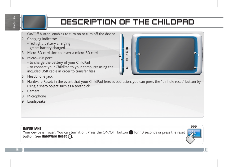 2???987156423ENGLISHCONNECTING TO THE WIFI NETWORKDESCRIPTION OF THE CHILDPADIMPORTANT:  Your device is frozen. You can turn it off. Press the ON/OFF button  1 for 10 seconds or press the reset button. See Hardware Reset 6. 1.  On/Off button: enables to turn on or turn off the device. 2.  Charging indicator:  - red light: battery charging  - green: battery charged. 3.  Micro-SD card slot: to insert a micro-SD card4.  Micro-USB port:  - to charge the battery of your ChildPad  - to connect your ChildPad to your computer using the  included USB cable in order to transfer les5.  Headphone jack6.  Hardware Reset: in the event that your ChildPad freezes operation, you can press the “pinhole reset” button by using a sharp object such as a toothpick. 7.  Camera8.  Microphone9.  Loudspeaker                                         