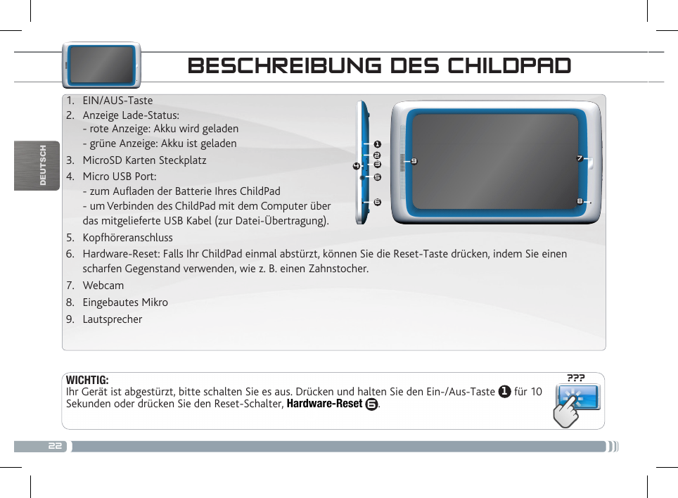 22???987156423DEUTSCHWIFI-NETZWERKVERBINDUNG BESCHREIBUNG DES CHILDPADWICHTIG:Ihr Gerät ist abgestürzt, bitte schalten Sie es aus. Drücken und halten Sie den Ein-/Aus-Taste  1 für 10 Sekunden oder drücken Sie den Reset-Schalter, Hardware-Reset  6.1.  EIN/AUS-Taste2.  Anzeige Lade-Status:  - rote Anzeige: Akku wird geladen  - grüne Anzeige: Akku ist geladen3.  MicroSD Karten Steckplatz4.  Micro USB Port:  - zum Aufladen der Batterie Ihres ChildPad - um Verbinden des ChildPad mit dem Computer über  das mitgelieferte USB Kabel (zur Datei-Übertragung).5.  Kopfhöreranschluss6.  Hardware-Reset: Falls Ihr ChildPad einmal abstürzt, können Sie die Reset-Taste drücken, indem Sie einen scharfen Gegenstand verwenden, wie z. B. einen Zahnstocher.7.  Webcam8.  Eingebautes Mikro9.  Lautsprecher  