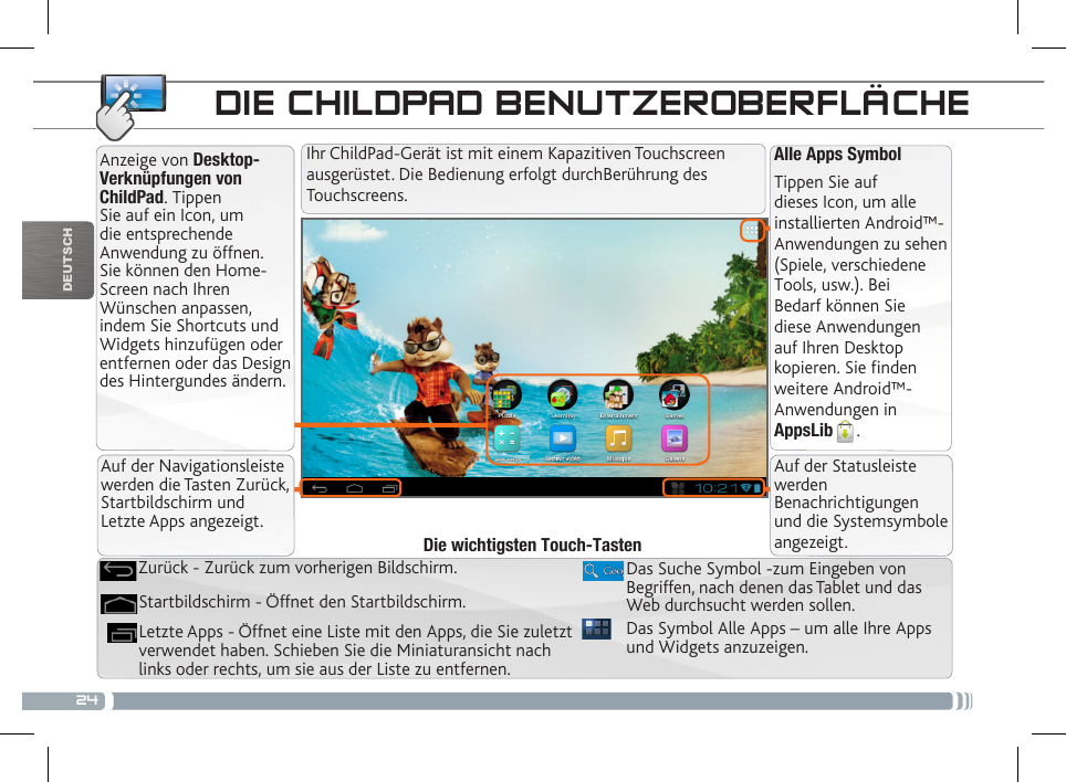 24DEUTSCHAlle Apps SymbolTippen Sie auf dieses Icon, um alle installierten Android™- Anwendungen zu sehen (Spiele, verschiedene Tools, usw.). Bei Bedarf können Sie diese Anwendungen auf Ihren Desktop kopieren. Sie finden weitere Android™-Anwendungen in AppsLib .   Anzeige von Desktop-Verknüpfungen von ChildPad. Tippen Sie auf ein Icon, um die entsprechende Anwendung zu öffnen. Sie können den Home-Screen nach Ihren Wünschen anpassen, indem Sie Shortcuts und Widgets hinzufügen oder entfernen oder das Design des Hintergundes ändern. DIE CHILDPAD BENUTZEROBERFLÄCHEDas Symbol Alle Apps – um alle Ihre Apps und Widgets anzuzeigen.Letzte Apps - Öffnet eine Liste mit den Apps, die Sie zuletzt verwendet haben. Schieben Sie die Miniaturansicht nach links oder rechts, um sie aus der Liste zu entfernen.Startbildschirm - Öffnet den Startbildschirm. Zurück - Zurück zum vorherigen Bildschirm.Die wichtigsten Touch-TastenIhr ChildPad-Gerät ist mit einem Kapazitiven Touchscreen ausgerüstet. Die Bedienung erfolgt durchBerührung des Touchscreens.ANPASSEN IHRES CHILDPADAuf der Navigationsleiste werden die Tasten Zurück, Startbildschirm und Letzte Apps angezeigt.Auf der Statusleiste werden Benachrichtigungen und die Systemsymbole angezeigt.Das Suche Symbol -zum Eingeben von Begriffen, nach denen das Tablet und das Web durchsucht werden sollen.
