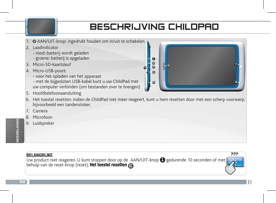 52???987156423NEDERLANDSWIFI-NETWERKVERBINDING  BESCHRIJVING CHILDPADBELANGRIJKEUw product niet reageren. U kunt stoppen door op de  AAN/UIT-knop  1 gedurende 10 seconden of met behulp van de reset-knop (reset), Het toestel resetten 6.1.   AAN/UIT-knop: ingedrukt houden om in/uit te schakelen.2.  Laadindicator  - rood: batterij wordt geladen  - groene: batterij is opgeladen3.  Micro-SD-kaartsleuf4.  Micro-USB-poort:  - voor het opladen van het apparaat  - met de bijgesloten USB-kabel kunt u uw ChildPad met  uw computer verbinden (om bestanden over te brengen) 5.  Hoofdtelefoonaansluiting 6.  Het toestel resetten: indien de ChildPad niet meer reageert, kunt u hem resetten door met een scherp voorwerp, bijvoorbeeld een tandenstoker.7.  Camera 8.  Microfoon     9.  Luidspreker