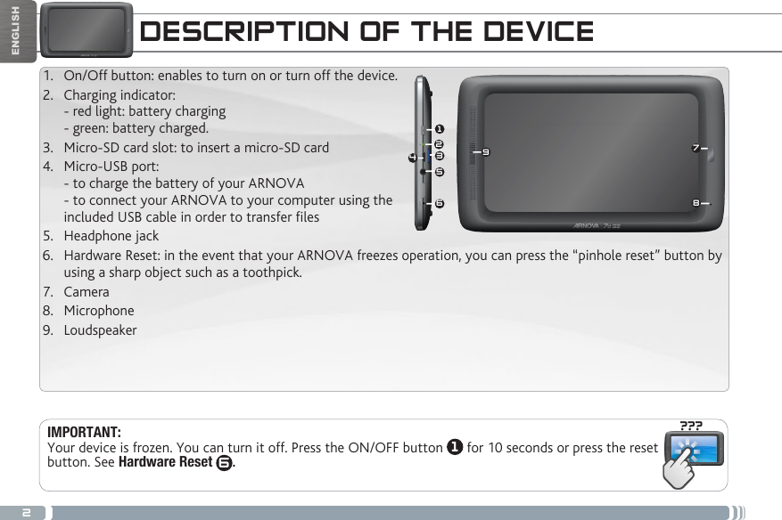 2???987153642ENGLISHDESCRIPTION OF THE DEVICEIMPORTANT:  Your device is frozen. You can turn it off. Press the ON/OFF button  1 for 10 seconds or press the reset button. See Hardware Reset 6. 1.  On/Off button: enables to turn on or turn off the device. 2.  Charging indicator:  - red light: battery charging  - green: battery charged. 3.  Micro-SD card slot: to insert a micro-SD card4.  Micro-USB port:  - to charge the battery of your ARNOVA  - to connect your ARNOVA to your computer using the  included USB cable in order to transfer les5.  Headphone jack6.  Hardware Reset: in the event that your ARNOVA freezes operation, you can press the “pinhole reset” button by using a sharp object such as a toothpick. 7.  Camera8.  Microphone9.  Loudspeaker                                         