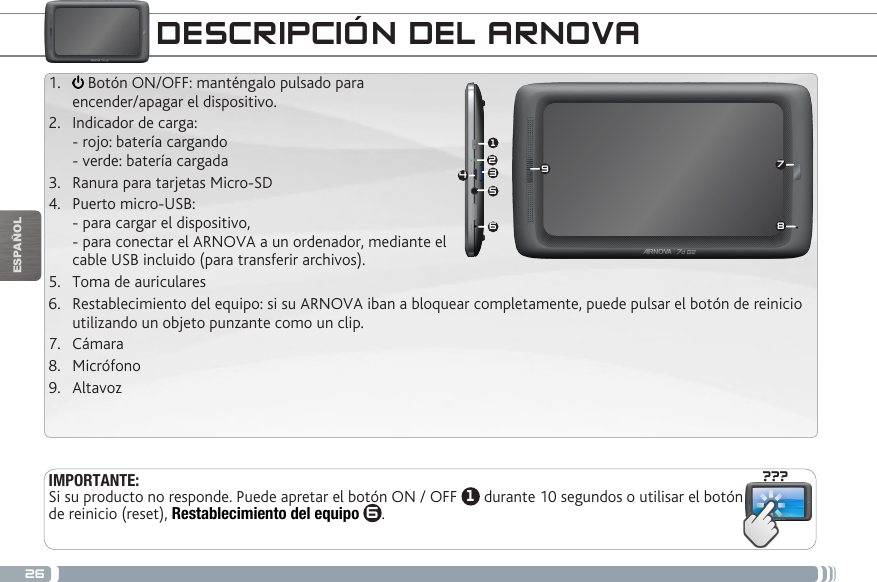 26???987153642ESPAÑOLDESCRIPCIÓN DEL ARNOVAIMPORTANTE:Si su producto no responde. Puede apretar el botón ON / OFF  1 durante 10 segundos o utilisar el botón de reinicio (reset), Restablecimiento del equipo 6.1.   Botón ON/OFF: manténgalo pulsado para  encender/apagar el dispositivo.2.  Indicador de carga:  - rojo: batería cargando  - verde: batería cargada3.  Ranura para tarjetas Micro-SD4.  Puerto micro-USB:  - para cargar el dispositivo, - para conectar el ARNOVA a un ordenador, mediante el  cable USB incluido (para transferir archivos).5.  Toma de auriculares6.  Restablecimiento del equipo: si su ARNOVA iban a bloquear completamente, puede pulsar el botón de reinicio utilizando un objeto punzante como un clip.7.  Cámara8.  Micrófono9.  Altavoz