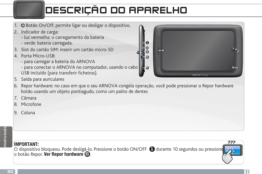 50???987153642PORTUGUÊSIMPORTANT:  O dispositivo bloqueou. Pode desligá-lo. Pressione o botão ON/OFF   1 durante 10 segundos ou pressione o botão Repor. Ver Repor hardware 6. DESCRIÇÃO DO APARELHO1.   Botão On/Off: permite ligar ou desligar o dispositivo. 2.  Indicador de carga:  - luz vermelha: o carregamento da bateria  - verde: bateria carregada. 3.  Slot do cartão SIM: inserir um cartão micro-SD4.  Porta Micro-USB:  - para carregar a bateria do ARNOVA  - para conectar o ARNOVA no computador, usando o cabo  USB incluído (para transferir cheiros).5.  Saída para auriculares 6.  Repor hardware: no caso em que o seu ARNOVA congela operação, você pode pressionar o Repor hardware botão usando um objeto pontiagudo, como um palito de dentes7.  Câmara  8.  Microfone9.  Coluna