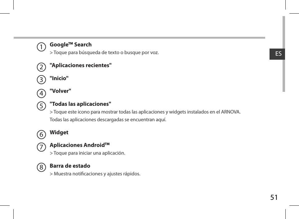 51ES12345678GoogleTM Search&gt; Toque para búsqueda de texto o busque por voz.&quot;Aplicaciones recientes&quot;&quot;Inicio&quot;&quot;Volver&quot;&quot;Todas las aplicaciones&quot; &gt; Toque este icono para mostrar todas las aplicaciones y widgets instalados en el ARNOVA. Todas las aplicaciones descargadas se encuentran aquí. WidgetAplicaciones AndroidTM   &gt; Toque para iniciar una aplicación.Barra de estado  &gt; Muestra noticaciones y ajustes rápidos.