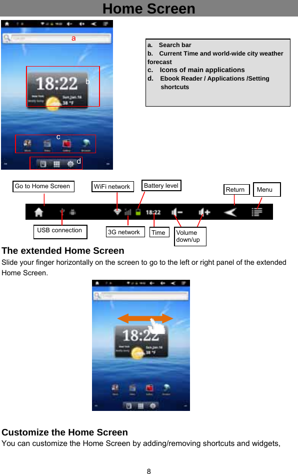  8 Home Screen                  The extended Home Screen Slide your finger horizontally on the screen to go to the left or right panel of the extended Home Screen.                          Customize the Home Screen You can customize the Home Screen by adding/removing shortcuts and widgets, a.  Search bar b.    Current Time and world-wide city weather forecast c.  Icons of main applications d.  Ebook Reader / Applications /Setting shortcuts  Go to Home Screen USB connection WiFi network Battery levelTimeReturn Menu Volume down/upa b c d 3G network