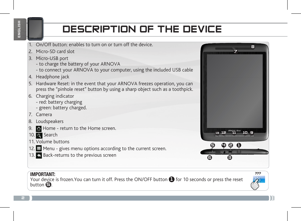 2???78912 1113 1014 2356ENGLISHDESCRIPTION OF THE DEVICE1.  On/Off button: enables to turn on or turn off the device. 2.  Micro-SD card slot3.  Micro-USB port - to charge the battery of your ARNOVA  - to connect your ARNOVA to your computer, using the included USB cable 4.  Headphone jack 5.  Hardware Reset: in the event that your ARNOVA freezes operation, you can press the “pinhole reset” button by using a sharp object such as a toothpick. 6.  Charging indicator - red: battery charging  - green: battery charged. 7.  Camera8.  Loudspeakers9.   Home - return to the Home screen.              10.   Search                            11. Volume buttons 12.   Menu - gives menu options according to the current screen.   13.   Back-returns to the previous screenIMPORTANT:  Your device is frozen.You can turn it off. Press the ON/OFF button  1 for 10 seconds or press the reset button  5. 