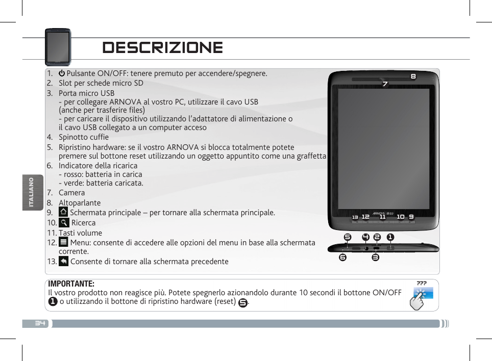 34???78912 1113 1014 2356ITALIANODESCRIZIONE1.   Pulsante ON/OFF: tenere premuto per accendere/spegnere.2.  Slot per schede micro SD3.  Porta micro USB - per collegare ARNOVA al vostro PC, utilizzare il cavo USB  (anche per trasferire files)  - per caricare il dispositivo utilizzando l’adattatore di alimentazione o  il cavo USB collegato a un computer acceso4.  Spinotto cuffie5.  Ripristino hardware: se il vostro ARNOVA si blocca totalmente potete  premere sul bottone reset utilizzando un oggetto appuntito come una graffetta6.  Indicatore della ricarica  - rosso: batteria in carica  - verde: batteria caricata.7.  Camera8.  Altoparlante  9.   Schermata principale – per tornare alla schermata principale.               10.   Ricerca         11. Tasti volume  12.   Menu: consente di accedere alle opzioni del menu in base alla schermata corrente.13.   Consente di tornare alla schermata precedenteIMPORTANTE:Il vostro prodotto non reagisce più. Potete spegnerlo azionandolo durante 10 secondi il bottone ON/OFF 1 o utilizzando il bottone di ripristino hardware (reset)  5.