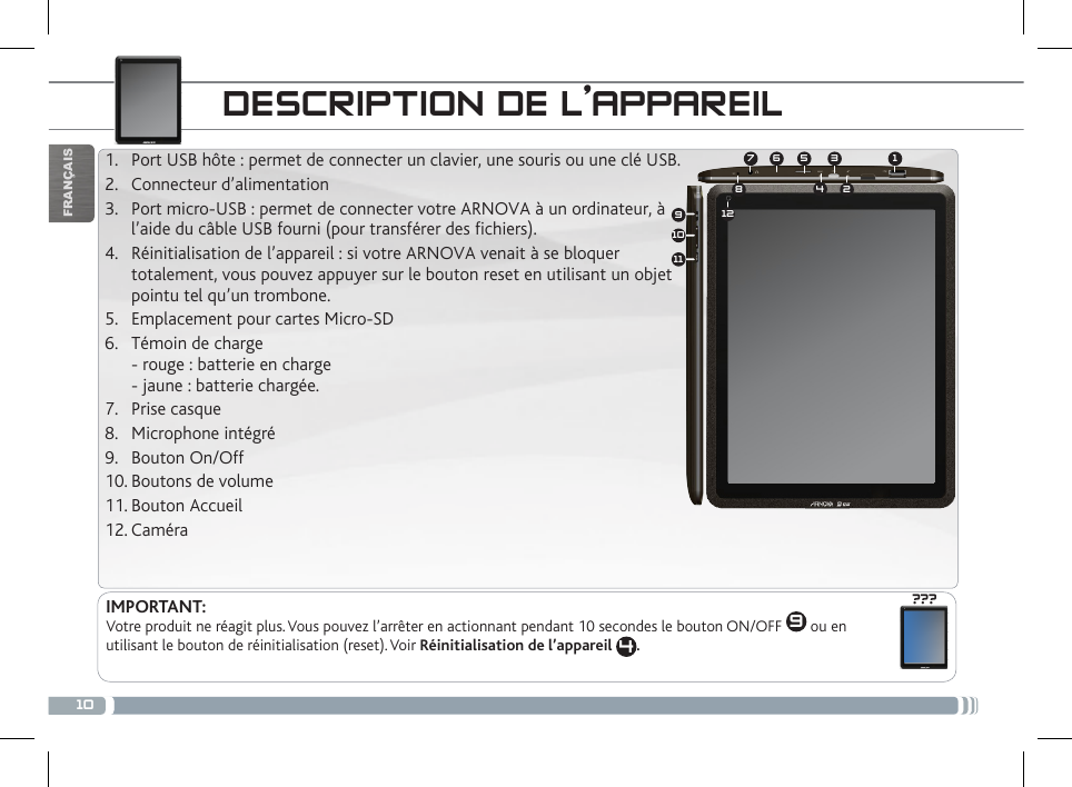 10134572891011612???FRANÇAISDESCRIPTION DE L’APPAREIL1.  Port USB hôte : permet de connecter un clavier, une souris ou une clé USB.2.  Connecteur d’alimentation         3.  Port micro-USB : permet de connecter votre ARNOVA à un ordinateur, à l’aide du câble USB fourni (pour transférer des fichiers).4.  Réinitialisation de l’appareil : si votre ARNOVA venait à se bloquer  totalement, vous pouvez appuyer sur le bouton reset en utilisant un objet pointu tel qu’un trombone.5.  Emplacement pour cartes Micro-SD6.  Témoin de charge - rouge : batterie en charge  - jaune : batterie chargée.7.  Prise casque8.  Microphone intégré 9.  Bouton On/Off     10. Boutons de volume         11. Bouton Accueil        12. CaméraIMPORTANT:Votre produit ne réagit plus. Vous pouvez l’arrêter en actionnant pendant 10 secondes le bouton ON/OFF  9 ou en utilisant le bouton de réinitialisation (reset). Voir Réinitialisation de l’appareil  4.