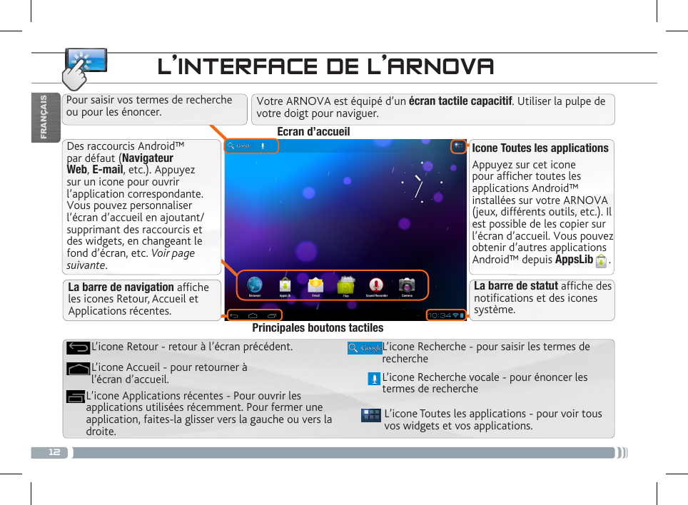 12FRANÇAISDes raccourcis Android™ par défaut (Navigateur Web, E-mail, etc.). Appuyez sur un icone pour ouvrir l’application correspondante. Vous pouvez personnaliser l’écran d’accueil en ajoutant/supprimant des raccourcis et des widgets, en changeant le fond d’écran, etc. Voir page suivante.Icone Toutes les applicationsAppuyez sur cet icone pour afficher toutes les applications Android™ installées sur votre ARNOVA (jeux, différents outils, etc.). Il est possible de les copier sur l’écran d’accueil. Vous pouvez obtenir d’autres applications Android™ depuis AppsLib . L’INTERFACE DE L’ARNOVAL’icone Toutes les applications - pour voir tous vos widgets et vos applications.L’icone Recherche - pour saisir les termes de rechercheL’icone Applications récentes - Pour ouvrir les applications utilisées récemment. Pour fermer une application, faites-la glisser vers la gauche ou vers la droite. L’icone Accueil - pour retourner à l’écran d’accueil.L’icone Retour - retour à l’écran précédent.Principales boutons tactilesPour saisir vos termes de recherche ou pour les énoncer.La barre de navigation afche les icones Retour, Accueil et Applications récentes.Ecran d’accueilL’icone Recherche vocale - pour énoncer les termes de recherche La barre de statut afche des notications et des icones système.Votre ARNOVA est équipé d’un écran tactile capacitif. Utiliser la pulpe de votre doigt pour naviguer.