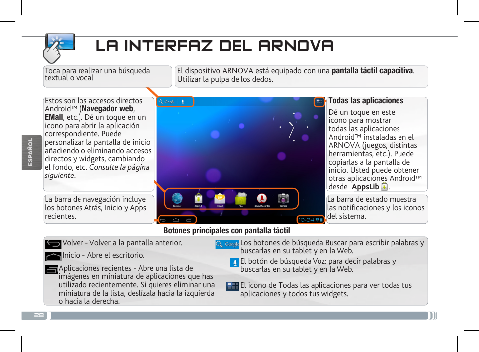 28ESPAÑOLLA INTERFAZ DEL ARNOVATodas las aplicacionesDé un toque en este icono para mostrar todas las aplicaciones Android™ instaladas en el ARNOVA (juegos, distintas herramientas, etc.). Puede copiarlas a la pantalla de inicio. Usted puede obtener otras aplicaciones Android™ desde  AppsLib .   Estos son los accesos directos Android™ (Navegador web, EMail, etc.). Dé un toque en un icono para abrir la aplicación correspondiente. Puede personalizar la pantalla de inicio añadiendo o eliminando accesos directos y widgets, cambiando el fondo, etc. Consulte la página siguiente.El dispositivo ARNOVA está equipado con una pantalla táctil capacitiva.  Utilizar la pulpa de los dedos.El icono de Todas las aplicaciones para ver todas tus aplicaciones y todos tus widgets.Los botones de búsqueda Buscar para escribir palabras y buscarlas en su tablet y en la Web.Aplicaciones recientes - Abre una lista de imágenes en miniatura de aplicaciones que has utilizado recientemente. Si quieres eliminar una miniatura de la lista, deslízala hacia la izquierda o hacia la derecha.Inicio - Abre el escritorio. Volver - Volver a la pantalla anterior.Botones principales con pantalla táctilToca para realizar una búsqueda textual o vocalEl botón de búsqueda Voz: para decir palabras y buscarlas en su tablet y en la Web.La barra de navegación incluye los botones Atrás, Inicio y Apps recientes.La barra de estado muestra las noticaciones y los iconos del sistema.