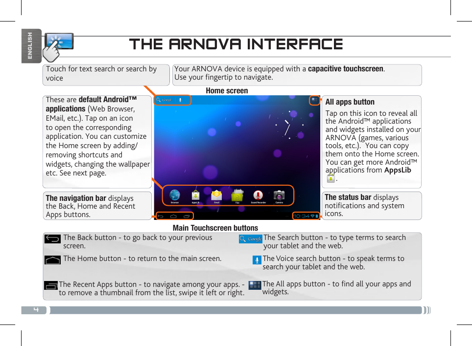 4ENGLISHTHE ARNOVA INTERFACEThese are default Android™ applications (Web Browser, EMail, etc.). Tap on an icon to open the corresponding application. You can customize the Home screen by adding/removing shortcuts and widgets, changing the wallpaper etc. See next page.All apps buttonTap on this icon to reveal all the Android™ applications and widgets installed on your ARNOVA (games, various tools, etc.).  You can copy them onto the Home screen. You can get more Android™ applications from AppsLib. The All apps button - to nd all your apps and widgets.The Search button - to type terms to search your tablet and the web.The Recent Apps button - to navigate among your apps. - to remove a thumbnail from the list, swipe it left or right.The Home button - to return to the main screen.The Back button - to go back to your previous screen.Main Touchscreen buttonsThe Voice search button - to speak terms to search your tablet and the web.The navigation bar displays the Back, Home and Recent Apps buttons.The status bar displays notications and system icons.Home screenTouch for text search or search by voiceYour ARNOVA device is equipped with a capacitive touchscreen.  Use your fingertip to navigate.